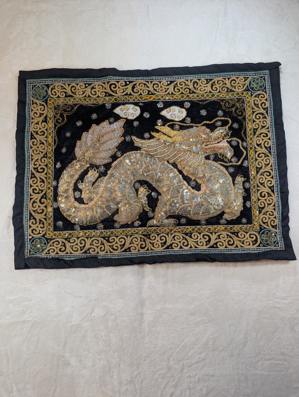 Vintage Burmese (Myanmar) Kalaga Style Beaded & Sequined Dragon Tapestry